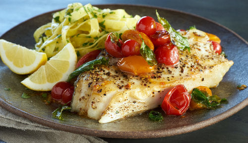 Pan Seared Alaska Halibut Steaks with Cherry Tomatos and Basil